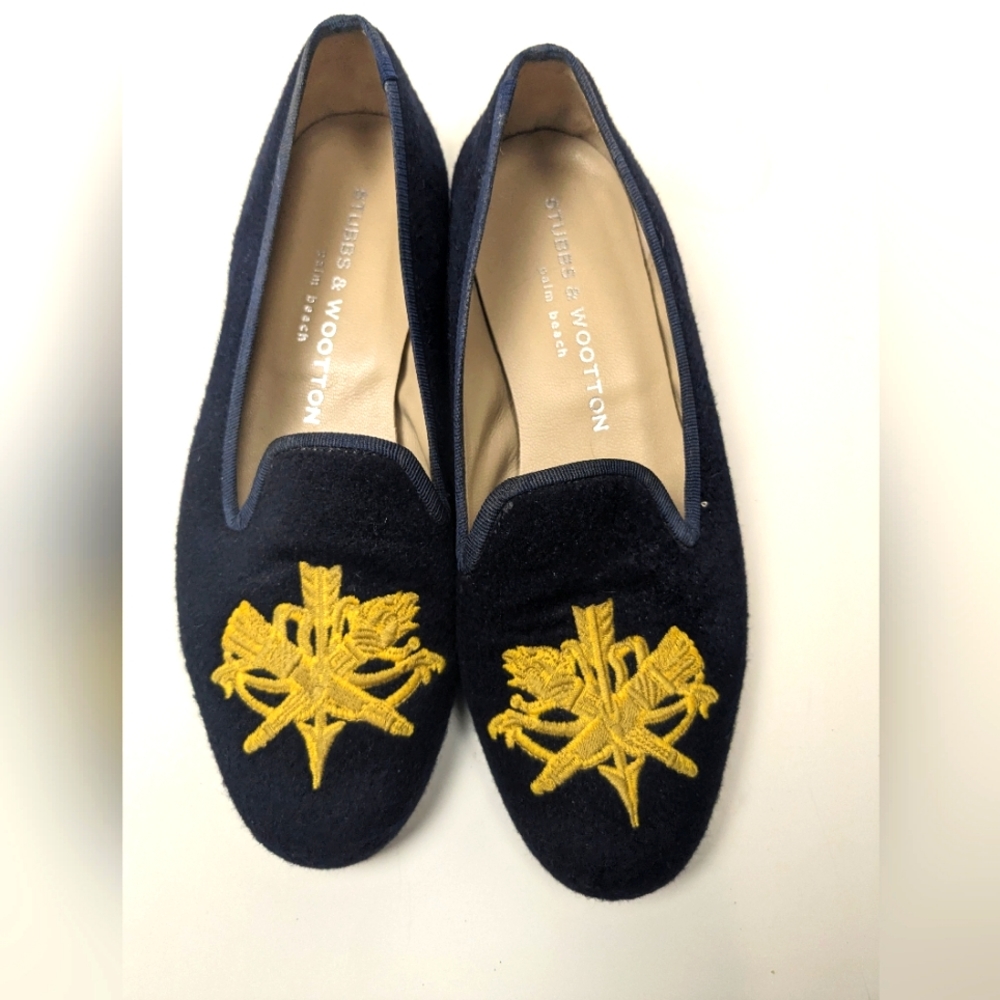 Stubbs & Wootton loafers flats in navy wool with gold embroidered crest …
